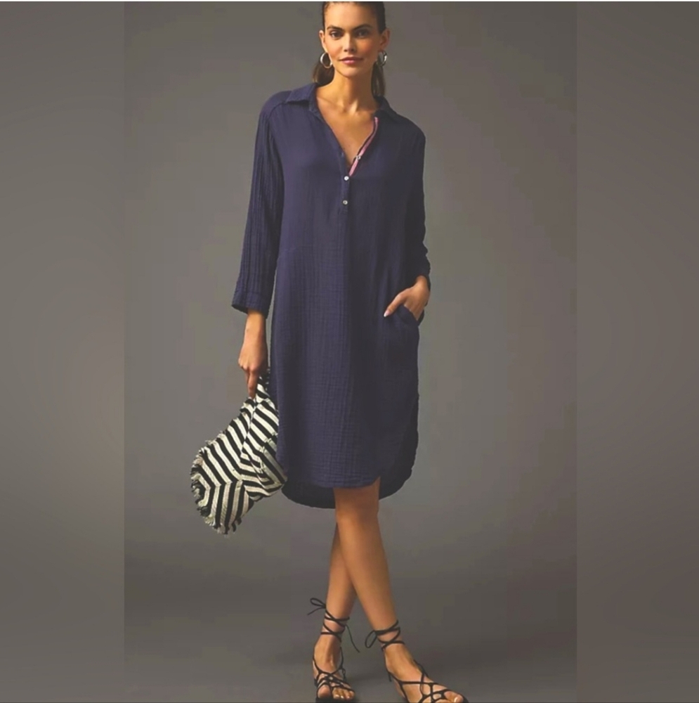Sundry NWT Navy Blue Cotton Gauzy Navy Shirt Dress With Pockets. Size L.